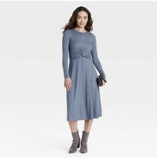 Women's Long Sleeve Twist-Front Midi Dress - A New Day Blue Small