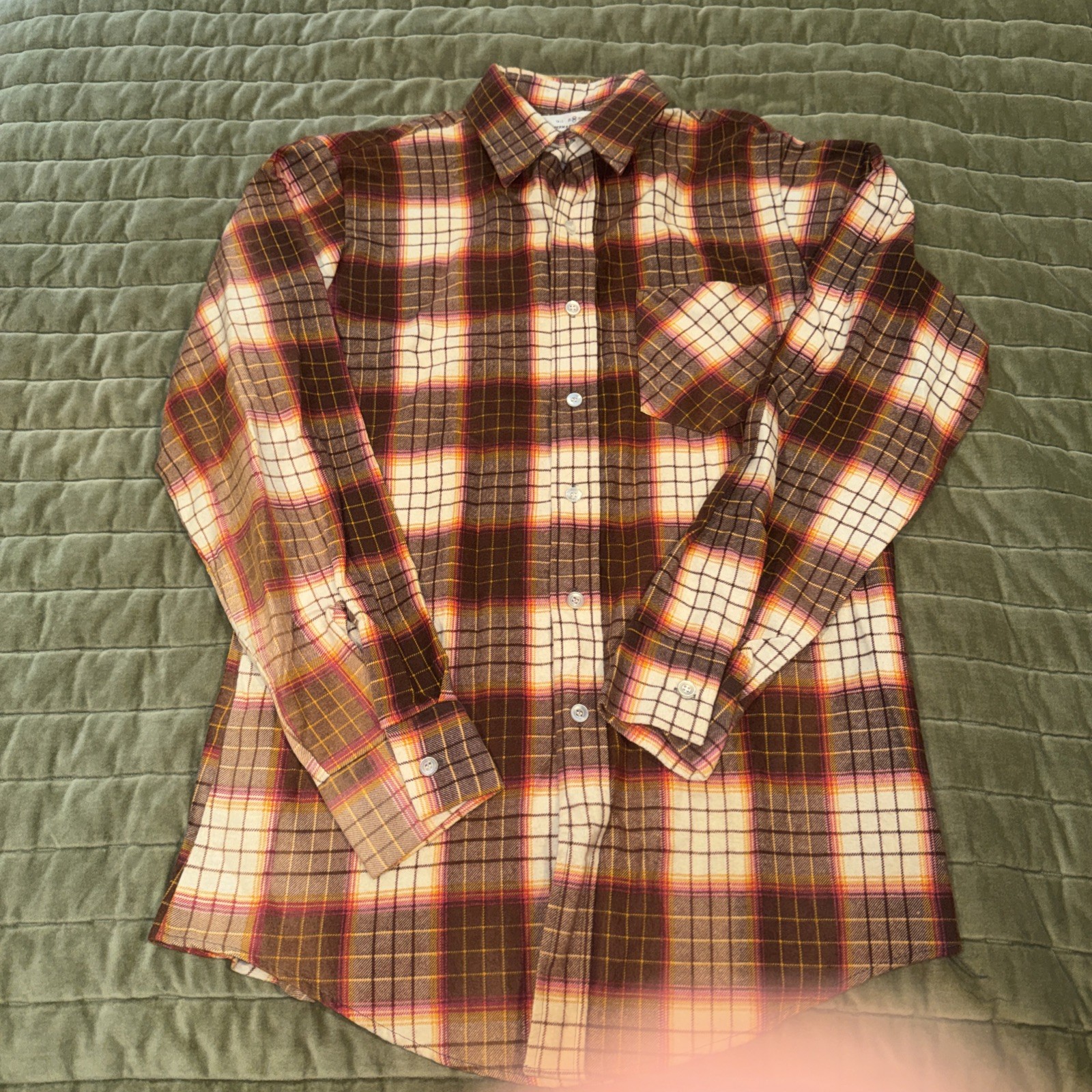 70s True Vintage Perma Prest Sears Red Gray Cream Plaid Flannel Button Up Mens L