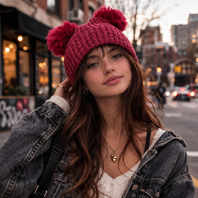 Knitted Beanie Hat Double Pom Pom Faux Fur Lined Extra Warm Soft for Women NEW