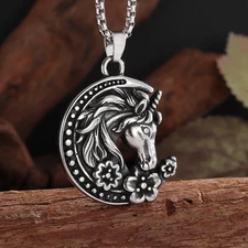 Unicorn Moon Flower Necklace Jewelry Vintage-Silvery Horse Pendant