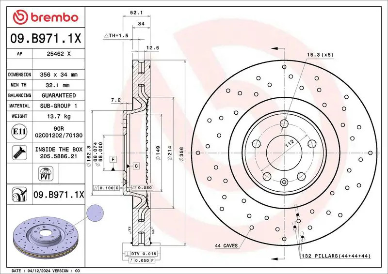 Brembo Bremsscheibe 09.B971.1x 356Mm 34Mm Für Vw (Svw) Audi (Faw) - Bild 2