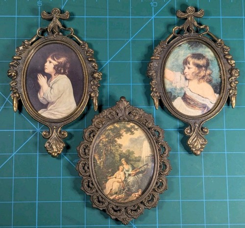 (3) Antique Mini Victorian Ornate Oval Convex Art Picture Brass Frame