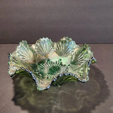 Green Iridescent Carnival Glass Bowl Raised Shell & Sand Pattern
