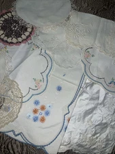 Large Lot of 12 Vintage Linens Embroidered Lace Doilies Table Runner