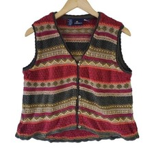 VTG Lizsport Knit Sweater Vest Multi Color Fair Isle Button Front 90s Boho Retro