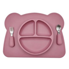 Bear-Shaped Silicone Baby Feeding Set, Divided Plate with Fork Spoon