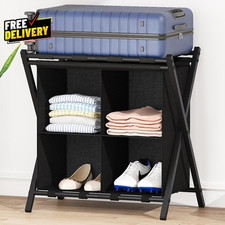 Folding Luggage Rack with Storage Holds 120 lb Suitcase Stand Black