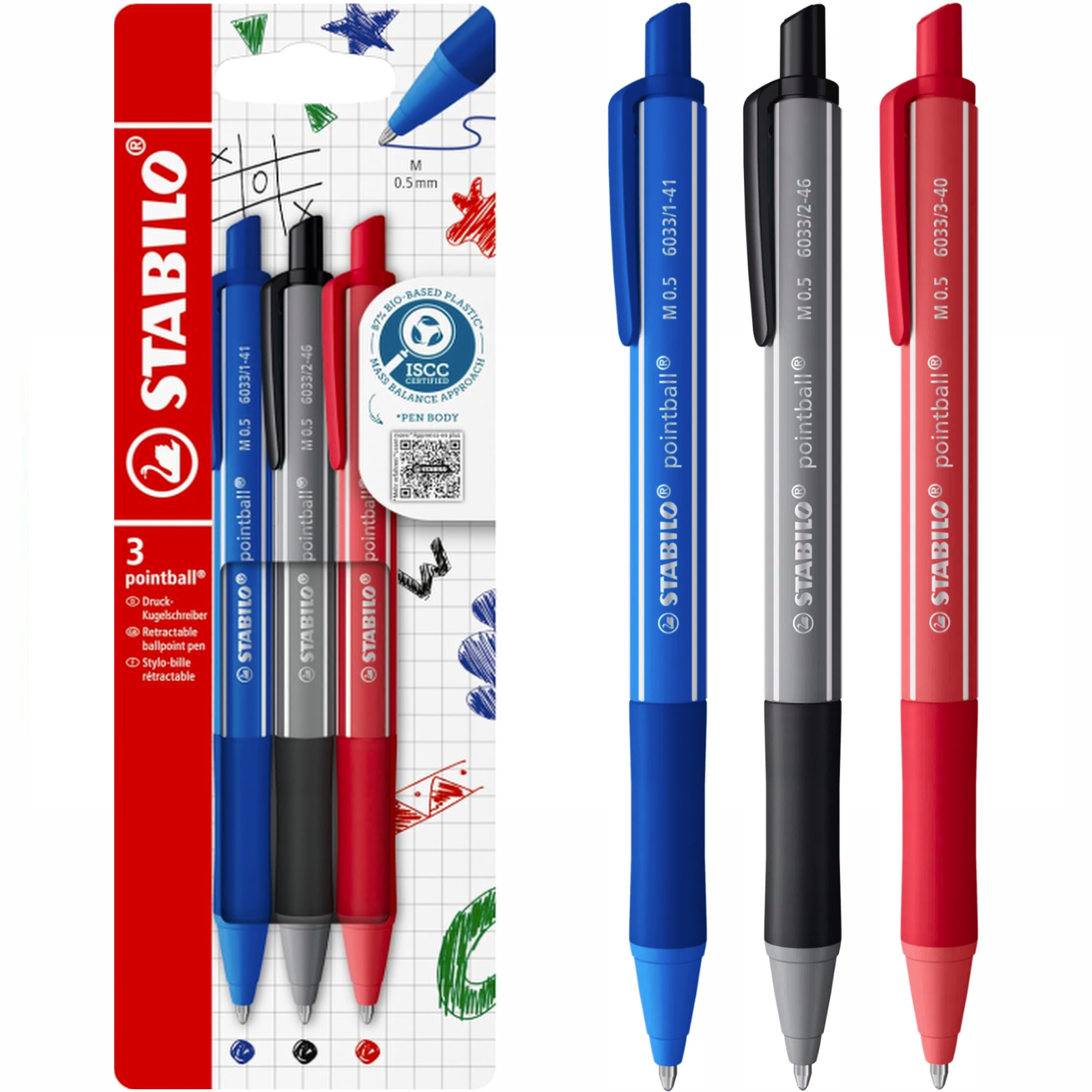 Ballpoint Pen - STABILO pointball Colourful - Pack of 3 - Assorted Colours