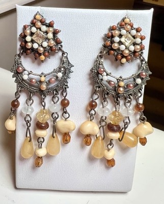 Vintage Boho Beaded Chandelier Dangle Earrings Amber Cream Festival Style