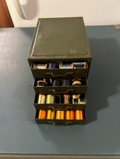 Vintage Green Metal 4 Drawer Storage Box w/ Wooden Thread Spools