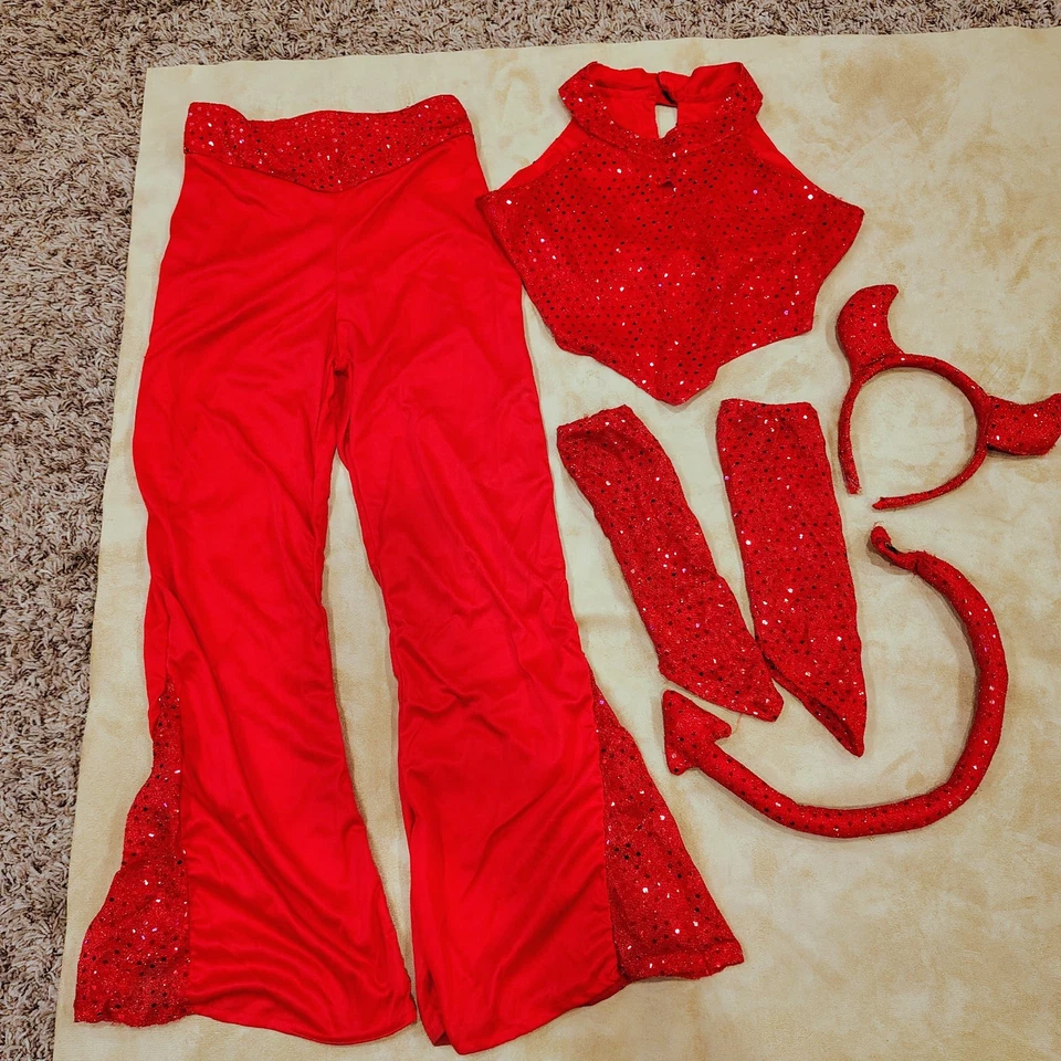 Disfraz de niña diablo lentejuelas rojas grande Halloween 6 piezas B71 Foto 2 de 4