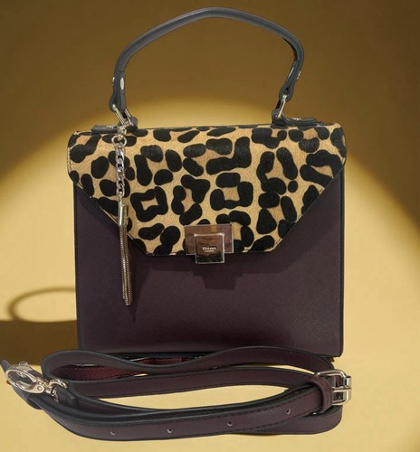 Dune Leopard Print & Burgundy Crossbody Bag with Gold Accents & Tassel