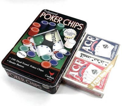 Poker set 100 Cardinal Chips, Dealer Button, AND TWO SET OF CARDS WITH 5 DICE