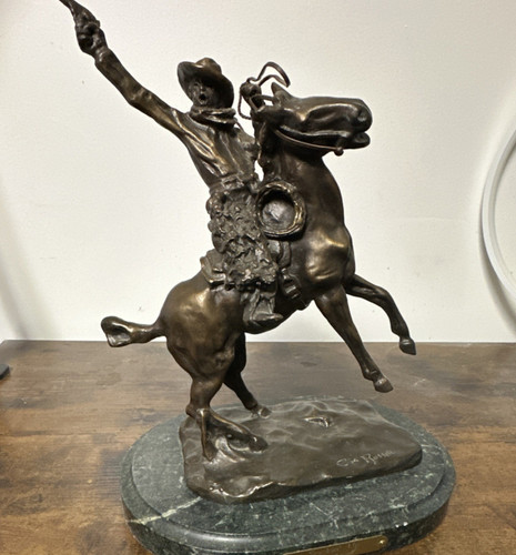 Bronze Cowboy on Horse Signed C.M. Russell Marble Base Western Americana
