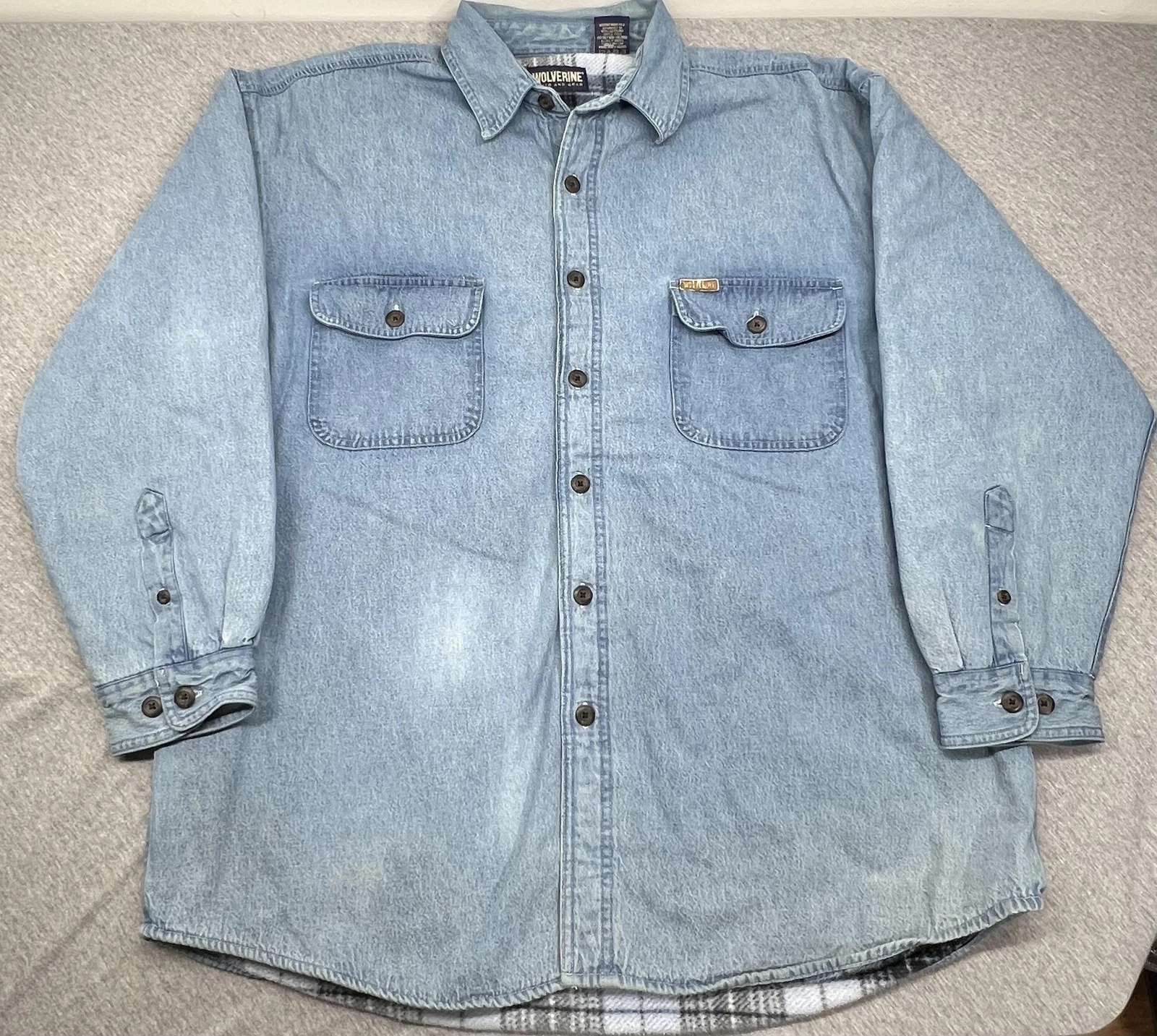 Wolverine Shirt Jacket Mens XL Blue Denim Fleece Lined Flannel Plaid Workwear