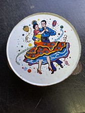 Vintage US Metal Toy Tin Litho Tambourine 6.5  Round Fiesta Dancers