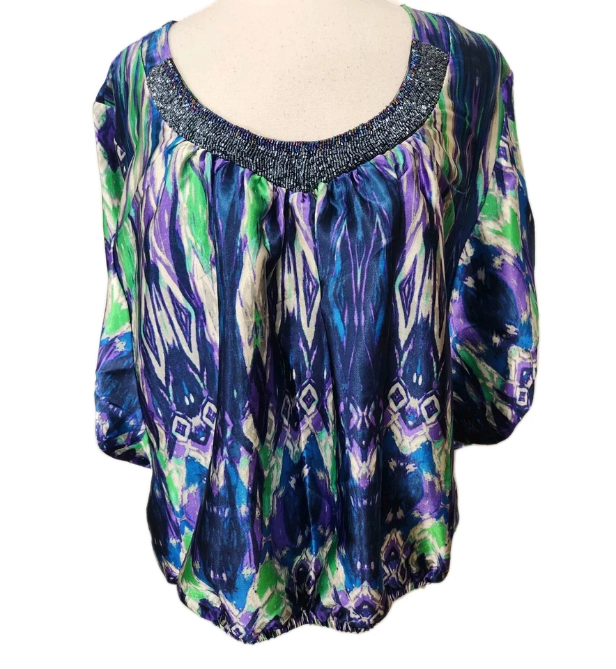Lily White Womens Top 3X Blue Green Satiny Beaded Blouse Pullover Cinch Hem  - Image 3 of 4