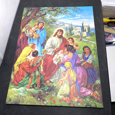 VINTAGE Litho PRINT 1970 s  CHRISTIAN CHRIST BLESSING THE CHILDREN  16 x12 