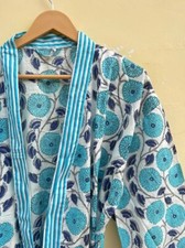 Indian Turquoise Floral Striped Kimono Cotton Bridal Bath Robes Maxi Night Gown