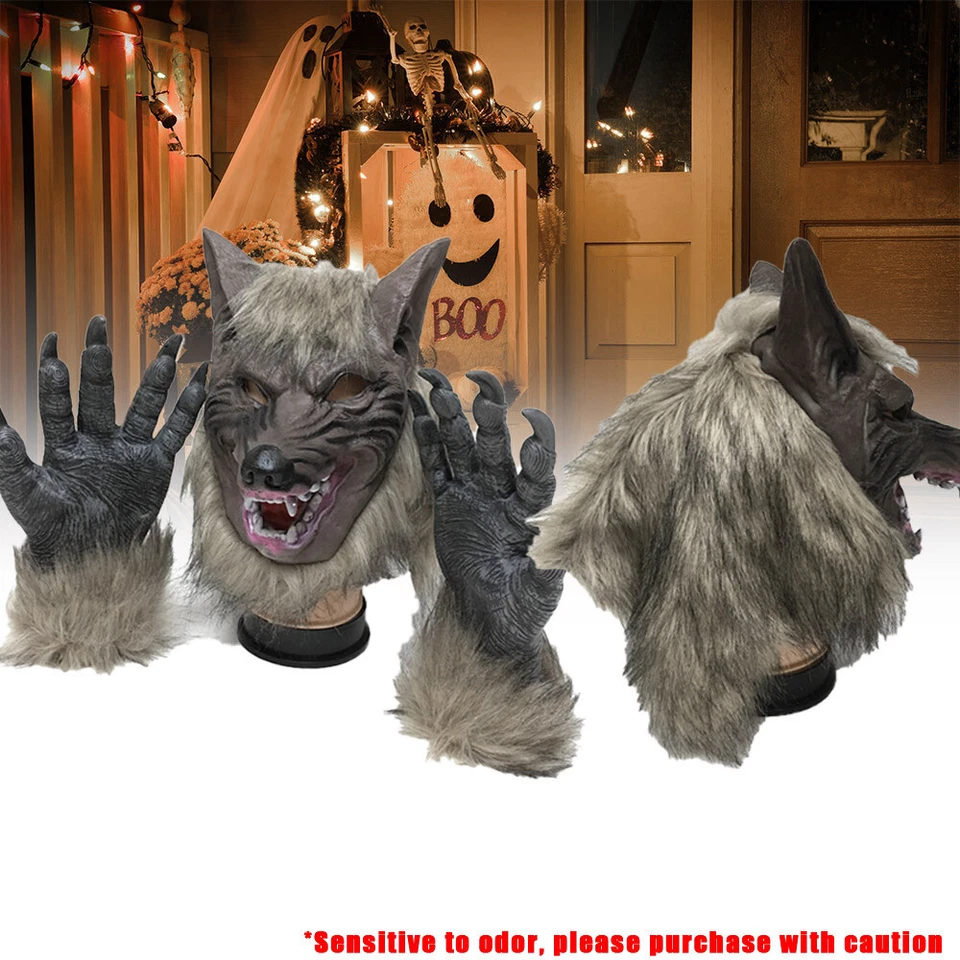 Halloween Wolf Head Face Mask Werewolf Claw Gloves Cosplay Costume Horror Props- - Image 4 of 4
