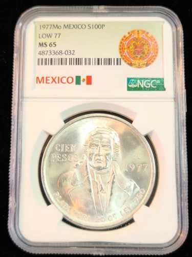 1977 MEXICO SILVER 100 PESOS S100P LOW 77 VARIETY NGC MS 65 SMOOTH LUSTER GEM 