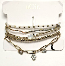 NOIR 5 GOLD TONE BEADED,CHAIN,ELASTIC,CRYSTALS MOON,HAMSA HAND CHARM BRACELET