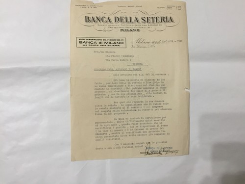 DOCUMENTO BANCA DELLA SETERIA MILANO RISCATTO CERTIFICATI AZIONARI 1929.