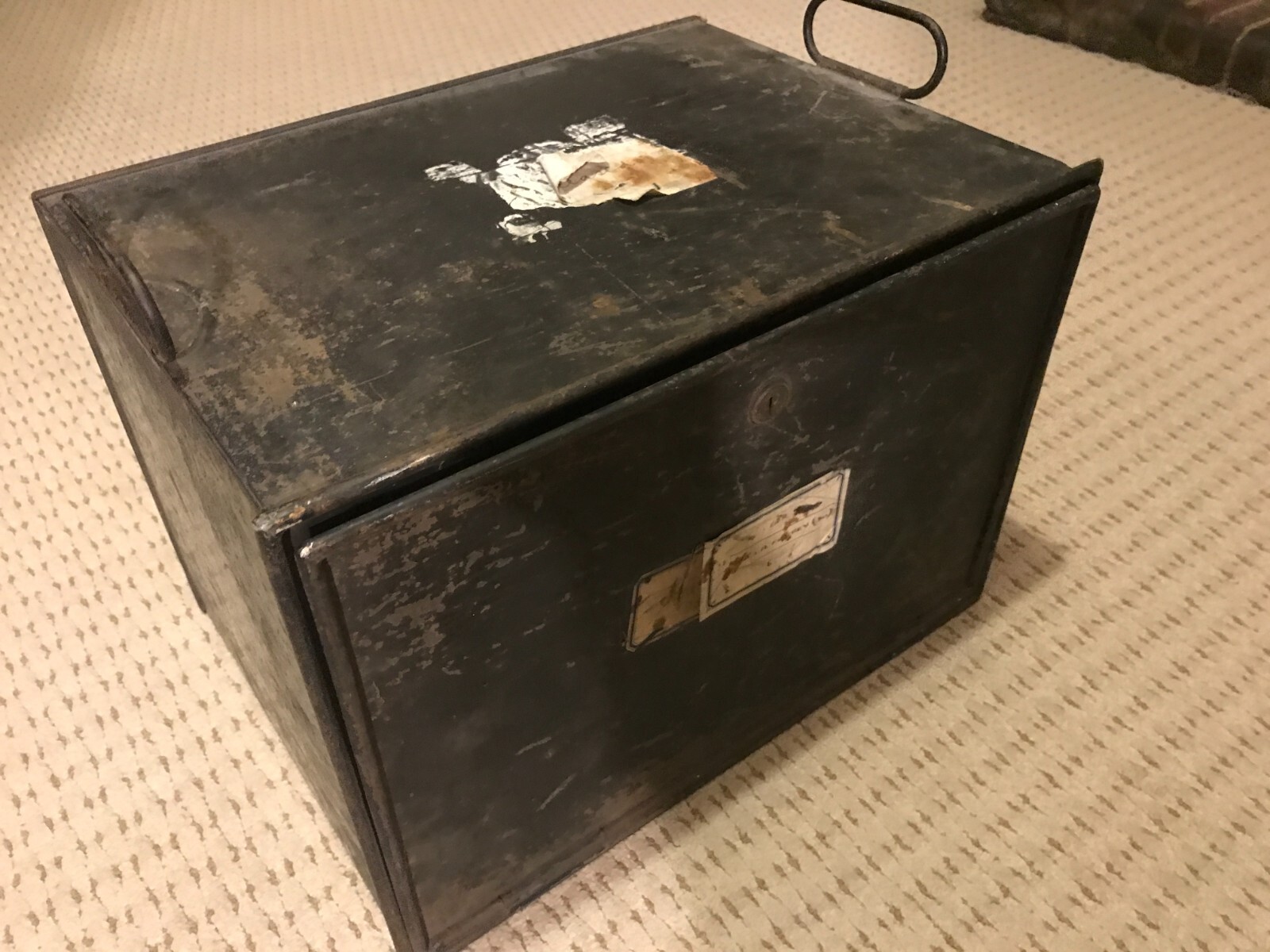 Antique vintage metal Strong Box Deed Box access flap at front