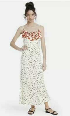 NWT Rixo 4 Target Long Polka Dot Sleeveless Ruffle Black/White Red Slip Dress L!