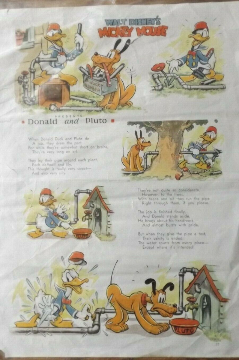 Old Disney DONALD DUCK PLUTO Cartoon Mickey Mouse Magazine Page