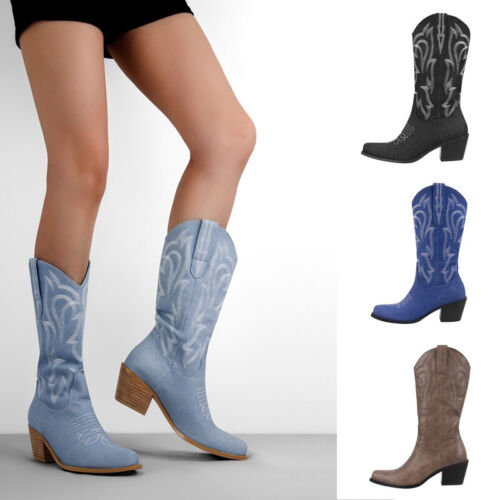 Women's Western Cowboy Cowgirl Boots Embroidered Pull On Chunky Mid Calf Booties