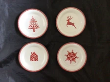 POTTERY BARN TAHOE  FAIR ISLE APPETIZER PLATES SET OF 4 RED NEW