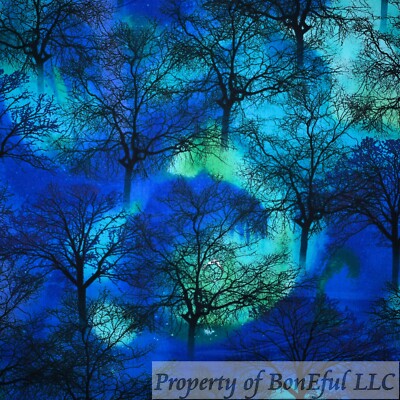 BonEful FABRIC FQ Cotton Quilt Blue Dark Bright Sky Tree Fall Northern Night USA