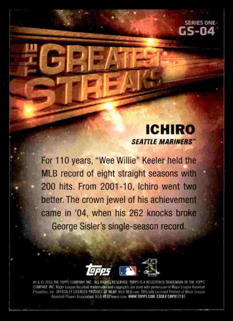 2016 Topps The Greatest Streaks Ichiro #GS-04 - Seattle Mariners
