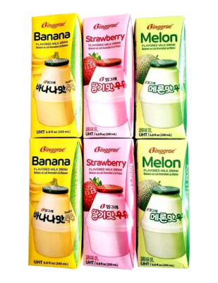 Binggrae Milk Drink Variety Pack ( 2 Banana, 2 Strawberry, 2 Melon )~12/24/2026