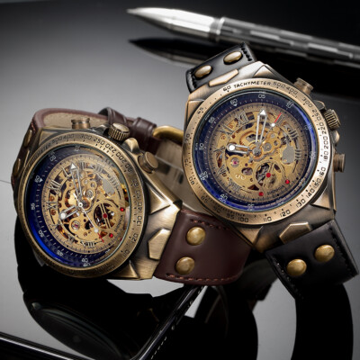 Automatic Self Wind Mechanical Men's Retro Pirate Skeleton Steampunk Wristwatch