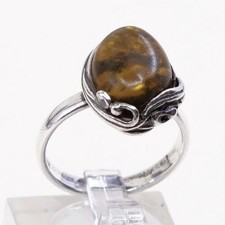 Sz 7, Vtg Orange Amber Sterling 925 Silver Handmade Ring, Stamped 925