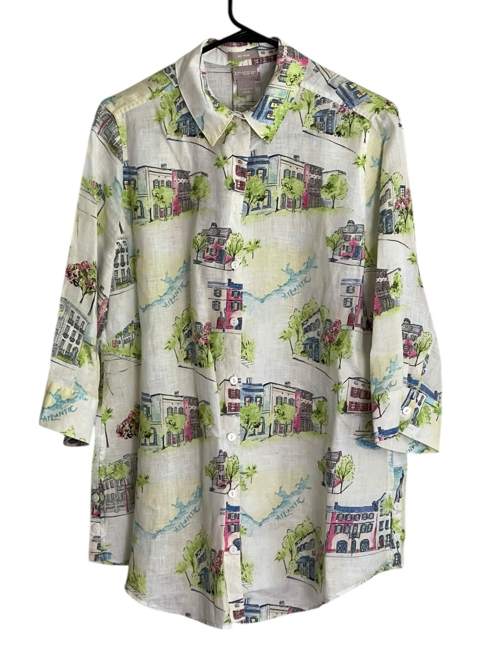 Chicos No Iron Linen Button Front Shirt Size 1 Med Southern Charm Print All Over