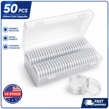 50PCS 40mm Coin Capsules Clear Round Holders with White Gaskets Storage Box
