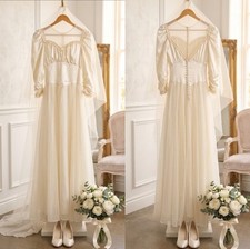 Vintage Ivory Satin Chiffon Wedding Dress Puff Sleeves Button Back Bridal Gown S