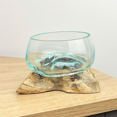 Wohnzimmer Ornament kleine geschmolzene Glasschale auf Holz rustikal Dekor Skulptur D1