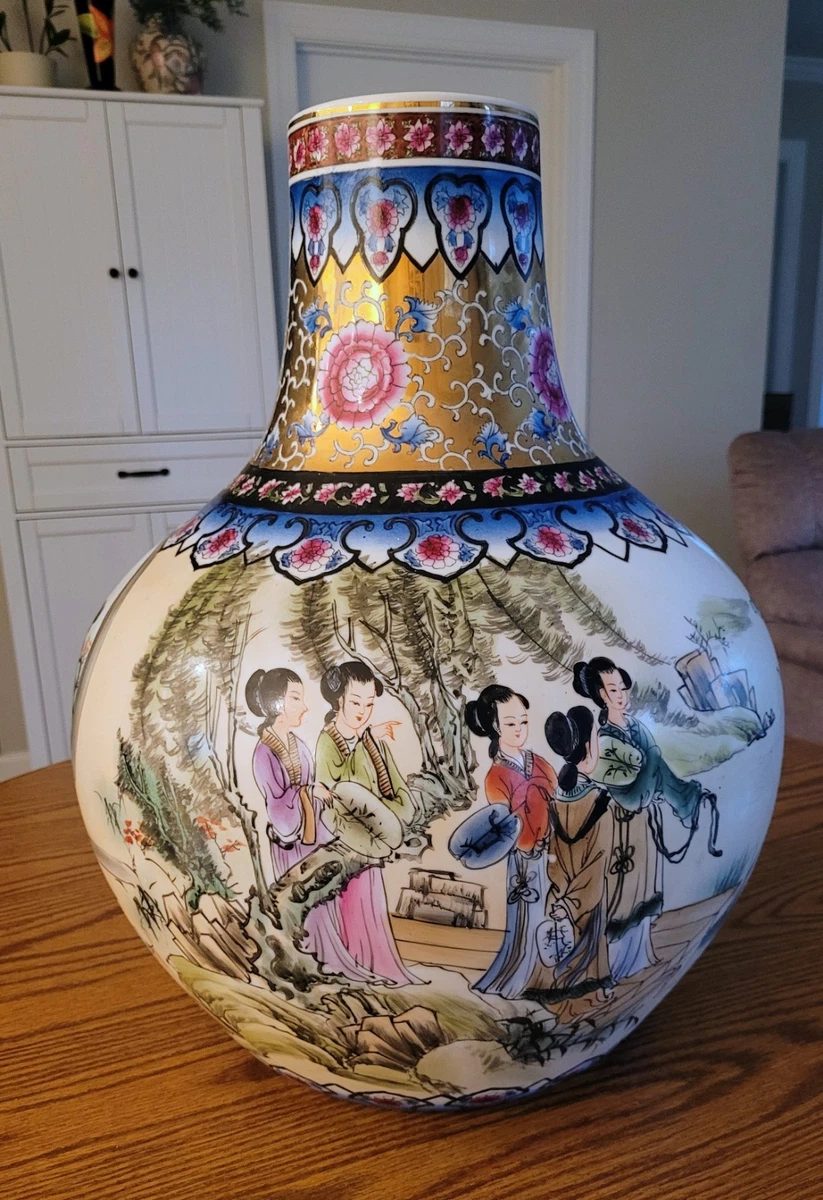 大型花瓶　中国製　日本の風景 中国美術特大花瓶民国骨董品海老の絵高さ66cm