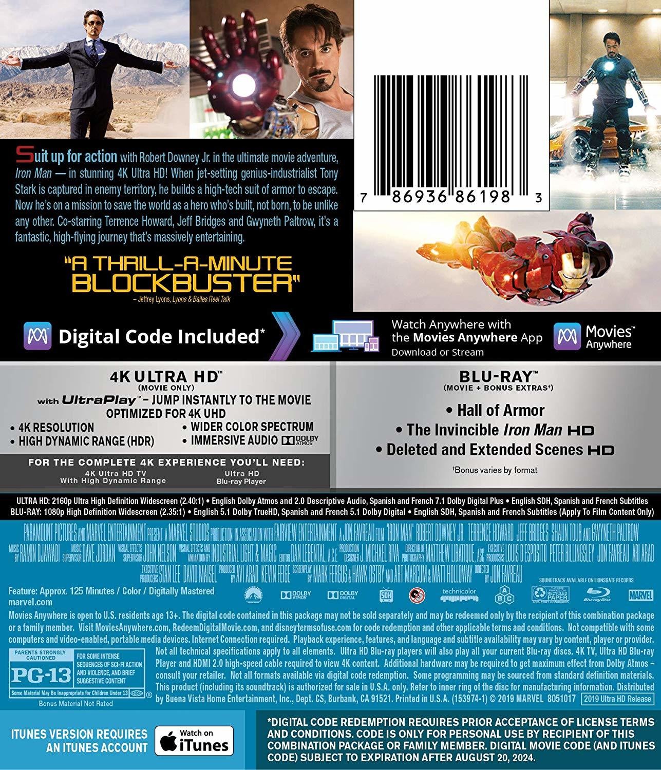 Iron Man (4K / Blu-ray + Digital) New