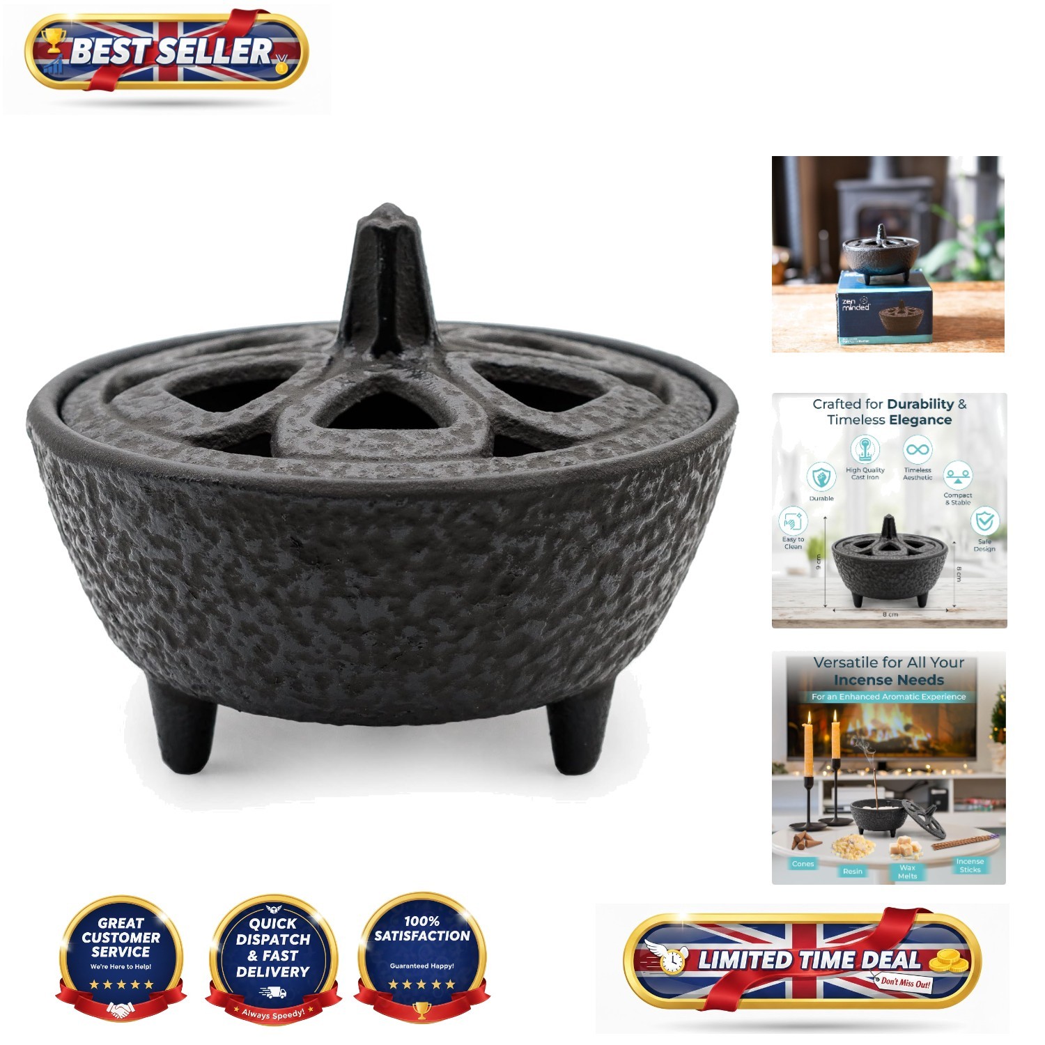 Compact Lotus Incense Burner in Black Cast Iron - Perfect for Sticks & Cones