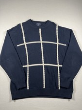 Dockers Men  s Navy Blue Crewneck Sweater White Windopane Cable Knit Sz XL