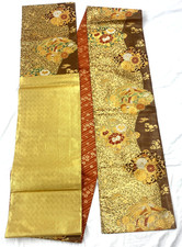 Japanese Vintage Kimono Fukuro Obi Silk Gold Embroidery Reversible 170 x 11 in