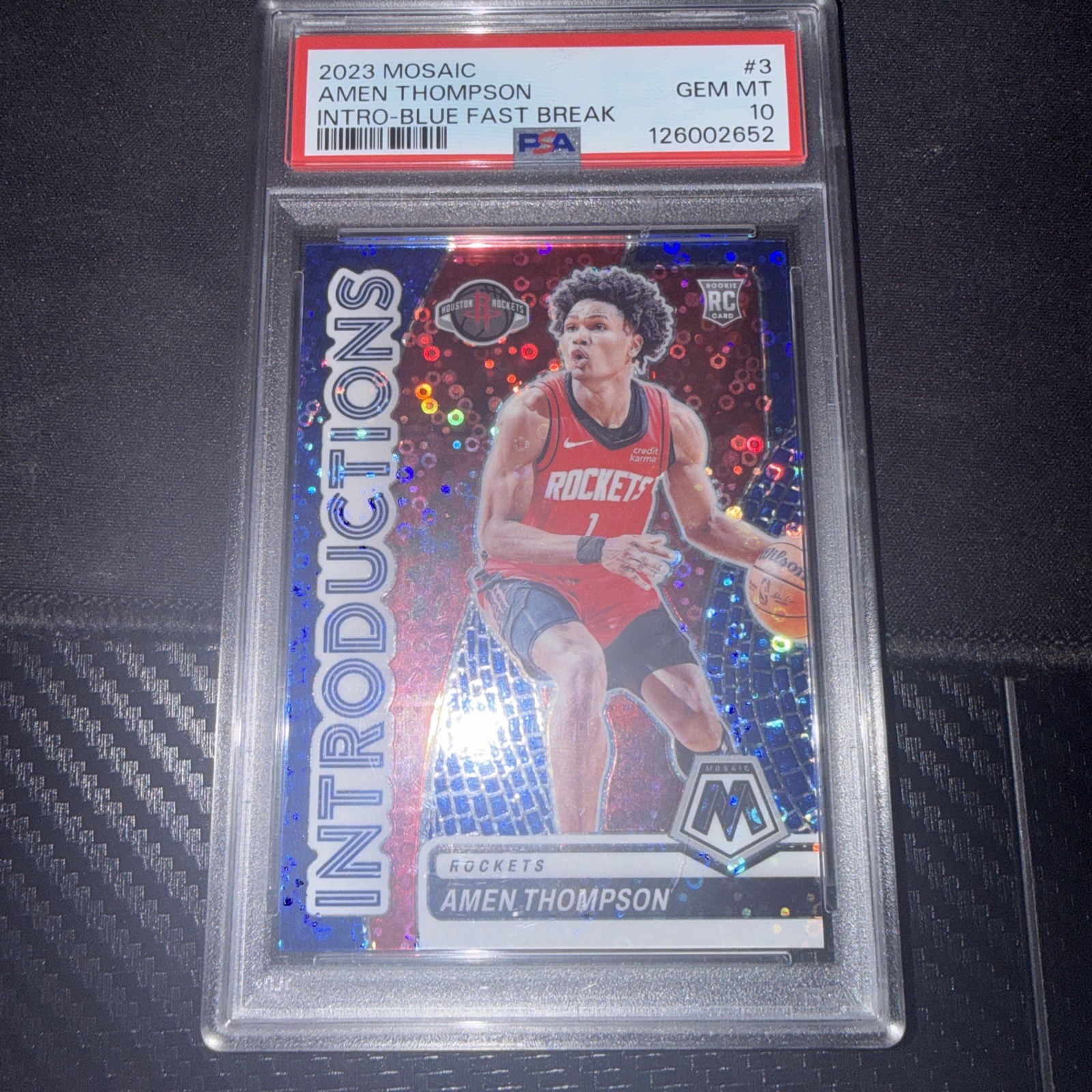 2023 Panini Mosaic Amen Thompson RC Introductions Blue Fast Break /85 PSA 10