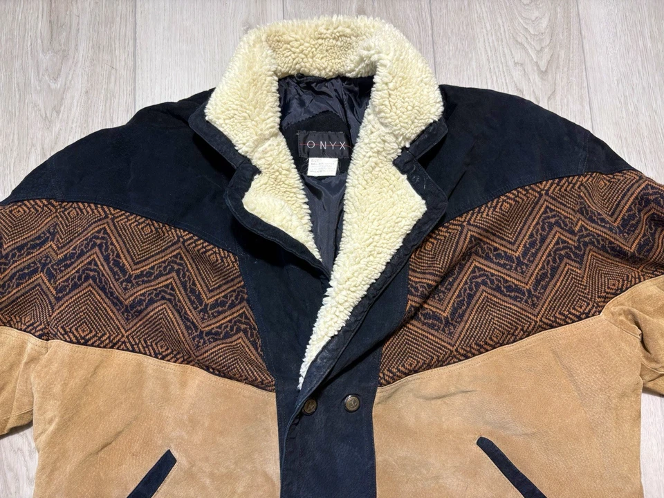 Винтажная замшевая кожаная куртка-бомбер 90-х Onyx Aztec Southwest шерпа вестерн мужская 2XL - Изображение 4 из 4