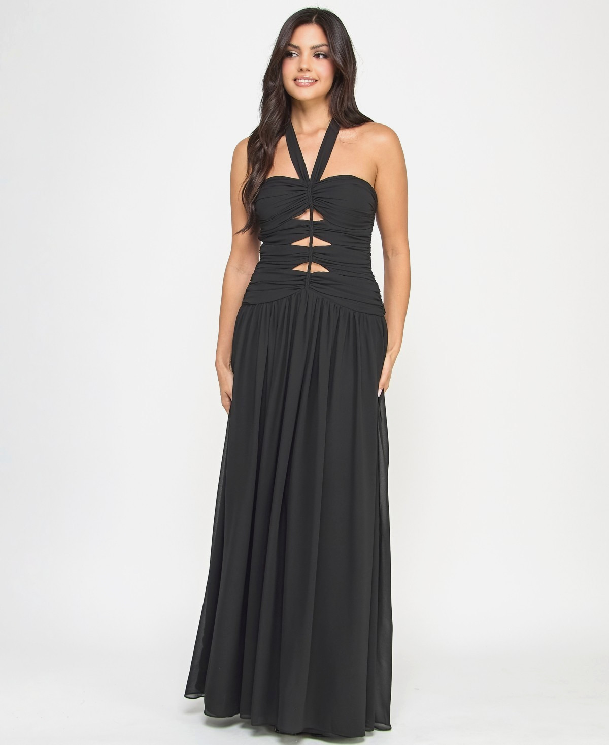 B Darlin Juniors' Cutout Gathered Sleeveless Halter Gown - Black - 7/8