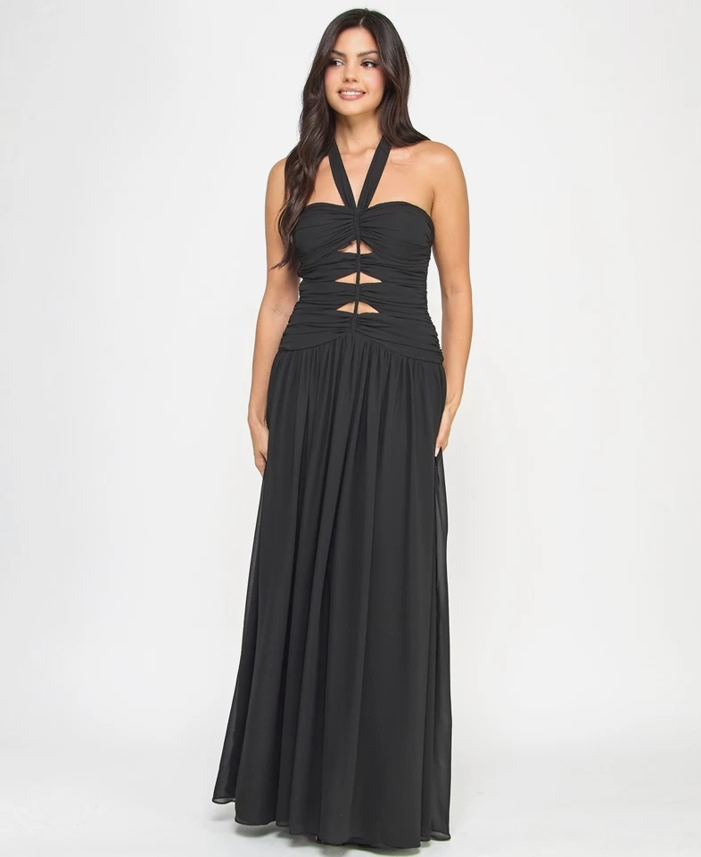 B Darlin Juniors' Cutout Gathered Sleeveless Halter Gown - Black - 7/8 - Image 2 of 4
